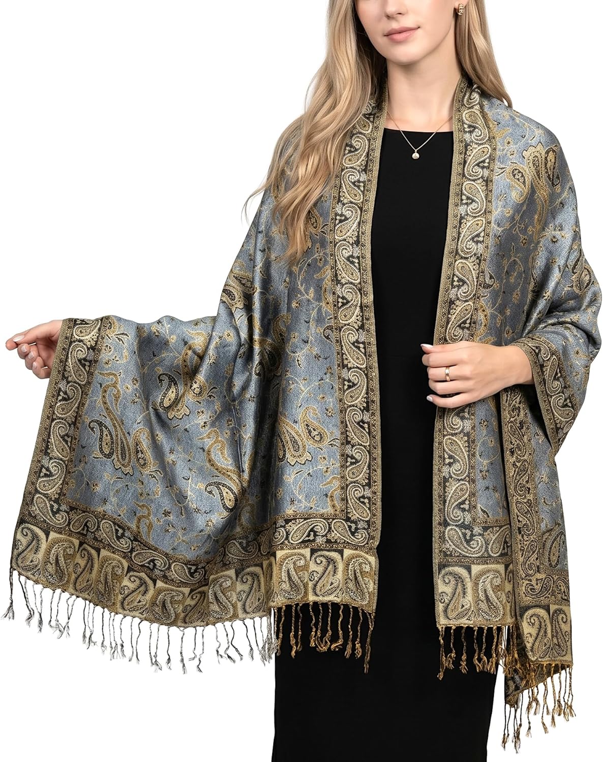 Achillea Reversible Paisley Pashmina Rave Scarf – Exotic Indian Shawls and Wraps for Evening Dresses, Festivals, All Seasons - Colors A