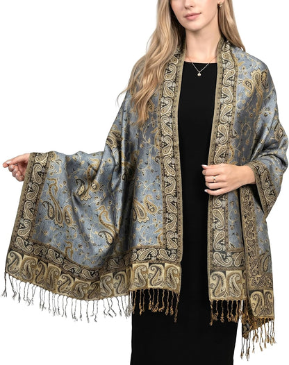 Achillea Reversible Paisley Pashmina Rave Scarf – Exotic Indian Shawls and Wraps for Evening Dresses, Festivals, All Seasons - Colors A