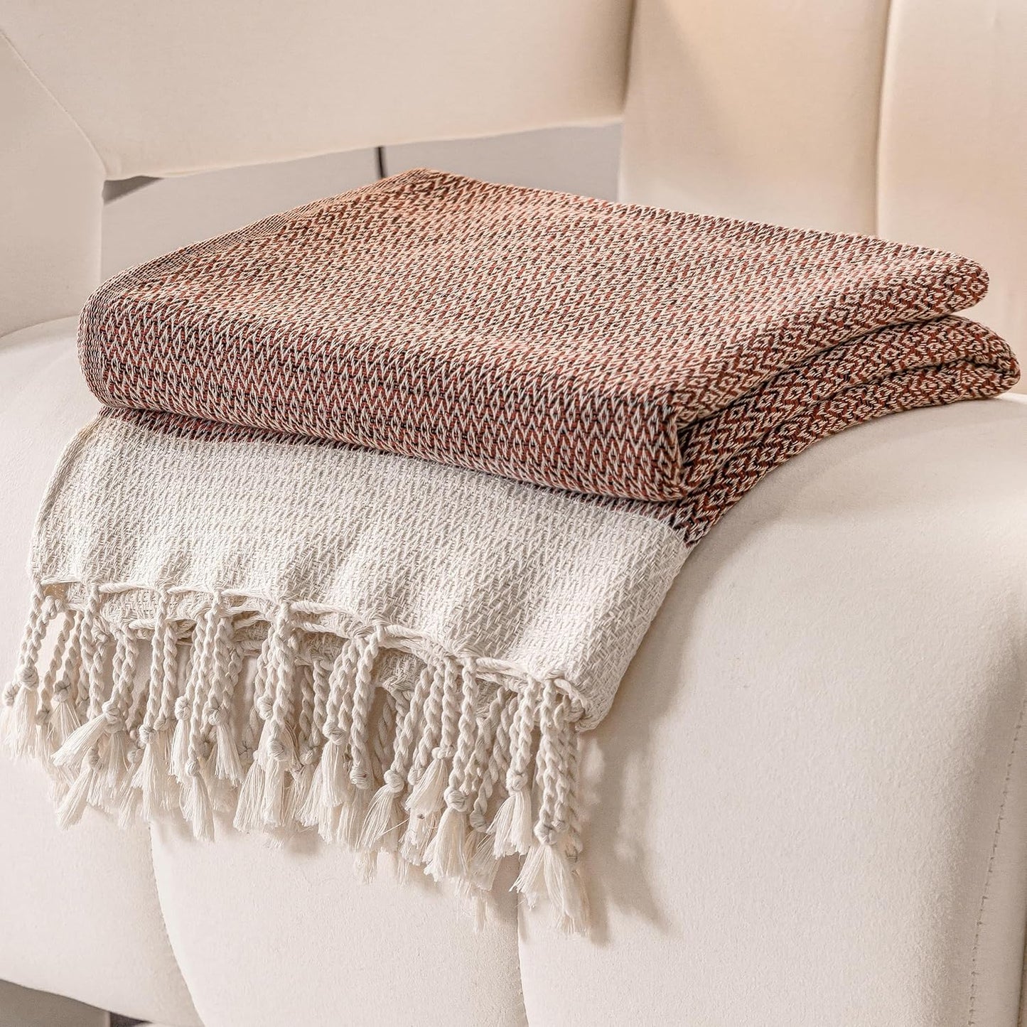 Peshtemania Premium Cotton Throw Blanket, 50x60 inches, Light Blue, Turkish Herringbone, Farmhouse Decor, Yoga Blanket, Picnic Blanket