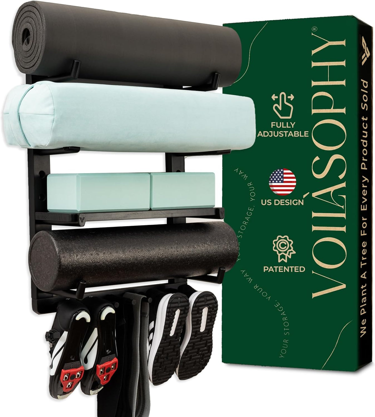 Yoga Mat Holder Wall Mount - Magnetic Adjustable Wood Home Gym Storage Rack | Patented Yoga Mat Storage Rack Gym Shelf holds Yoga Mats, Foam Rollers, Bolsters, Fitness Gear; Locking pegs, No wobble!