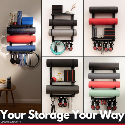 Yoga Mat Holder Wall Mount - Magnetic Adjustable Wood Home Gym Storage Rack | Patented Yoga Mat Storage Rack Gym Shelf holds Yoga Mats, Foam Rollers, Bolsters, Fitness Gear; Locking pegs, No wobble!