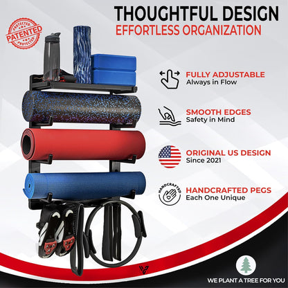 Yoga Mat Holder Wall Mount - Magnetic Adjustable Wood Home Gym Storage Rack | Patented Yoga Mat Storage Rack Gym Shelf holds Yoga Mats, Foam Rollers, Bolsters, Fitness Gear; Locking pegs, No wobble!