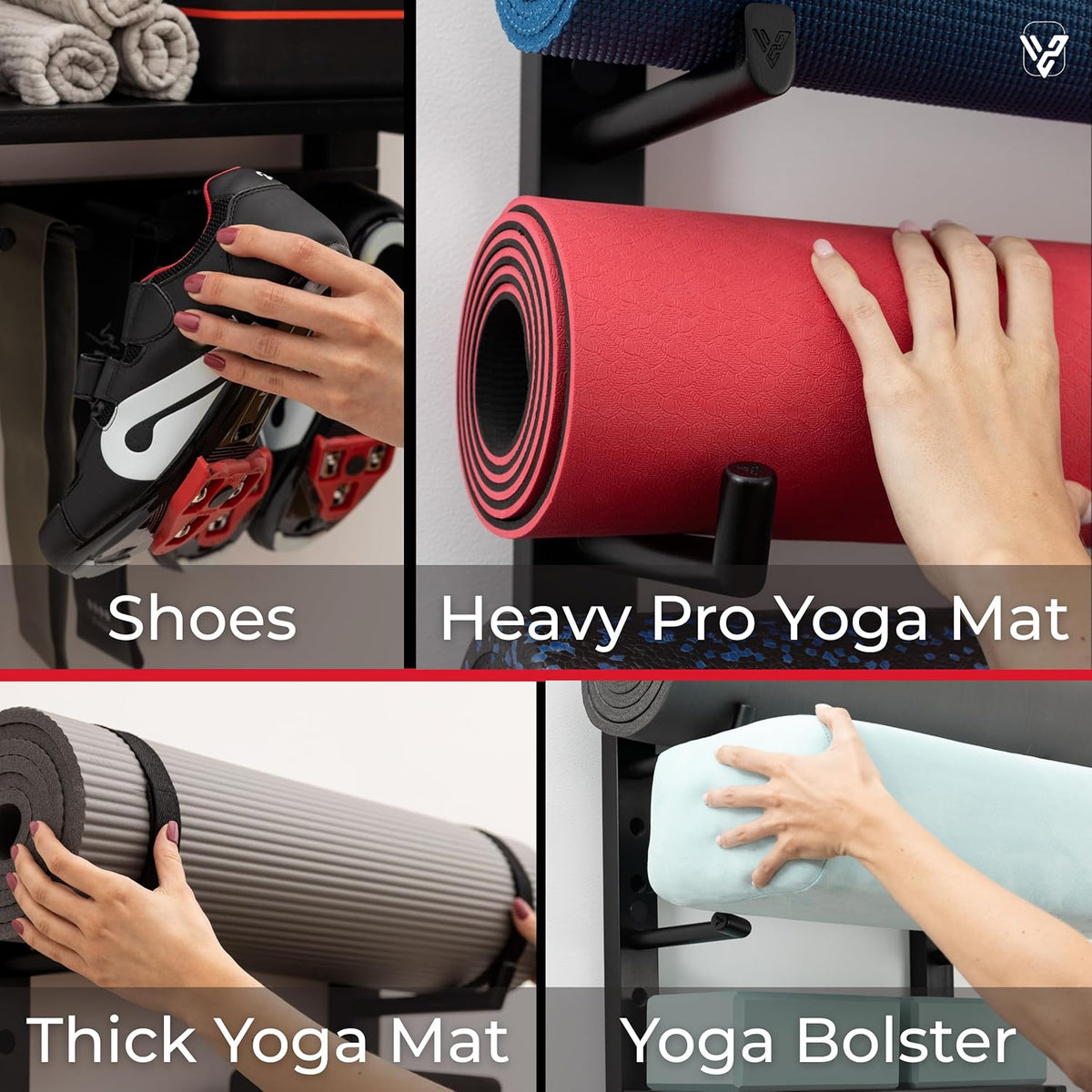 Yoga Mat Holder Wall Mount - Magnetic Adjustable Wood Home Gym Storage Rack | Patented Yoga Mat Storage Rack Gym Shelf holds Yoga Mats, Foam Rollers, Bolsters, Fitness Gear; Locking pegs, No wobble!