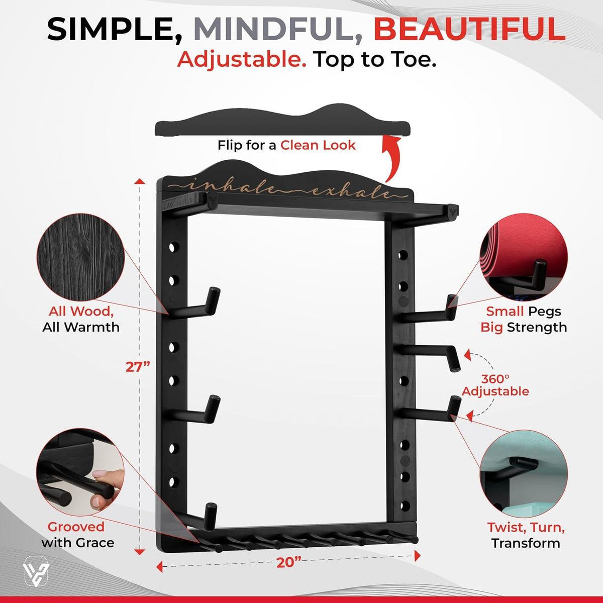 Yoga Mat Holder Wall Mount - Magnetic Adjustable Wood Home Gym Storage Rack | Patented Yoga Mat Storage Rack Gym Shelf holds Yoga Mats, Foam Rollers, Bolsters, Fitness Gear; Locking pegs, No wobble!