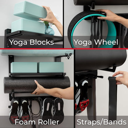 Yoga Mat Holder Wall Mount - Magnetic Adjustable Wood Home Gym Storage Rack | Patented Yoga Mat Storage Rack Gym Shelf holds Yoga Mats, Foam Rollers, Bolsters, Fitness Gear; Locking pegs, No wobble!