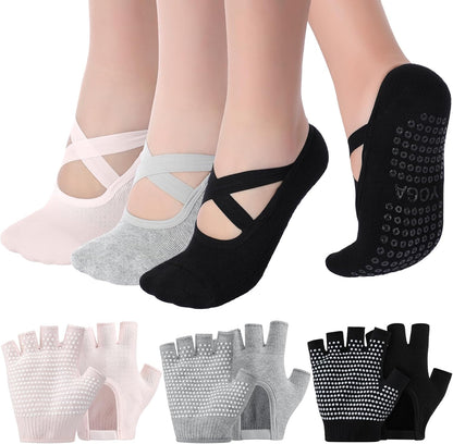 6 Pairs Non Slip Pilates Yoga Gloves Socks with Grip for Women