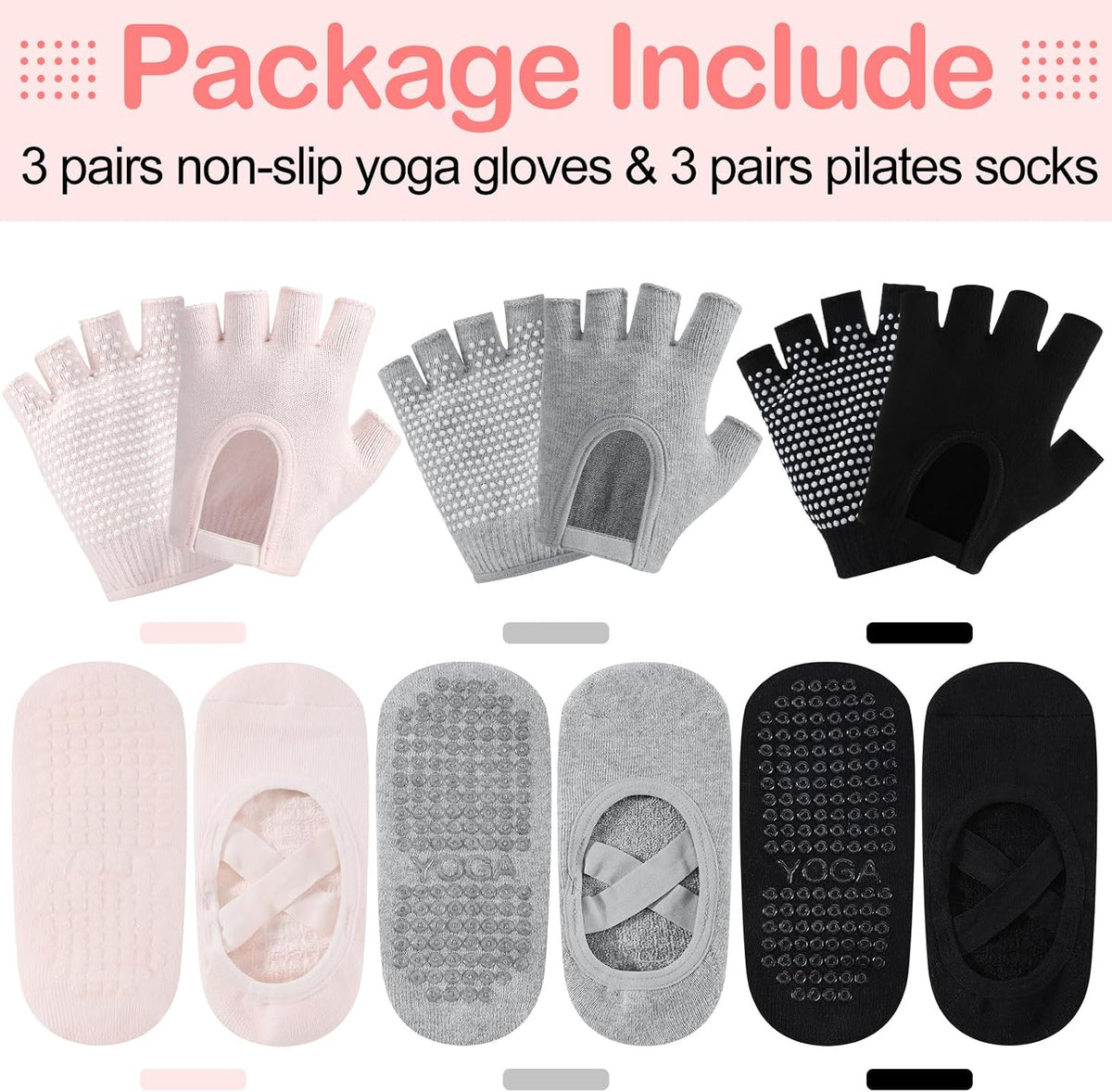 6 Pairs Non Slip Pilates Yoga Gloves Socks with Grip for Women
