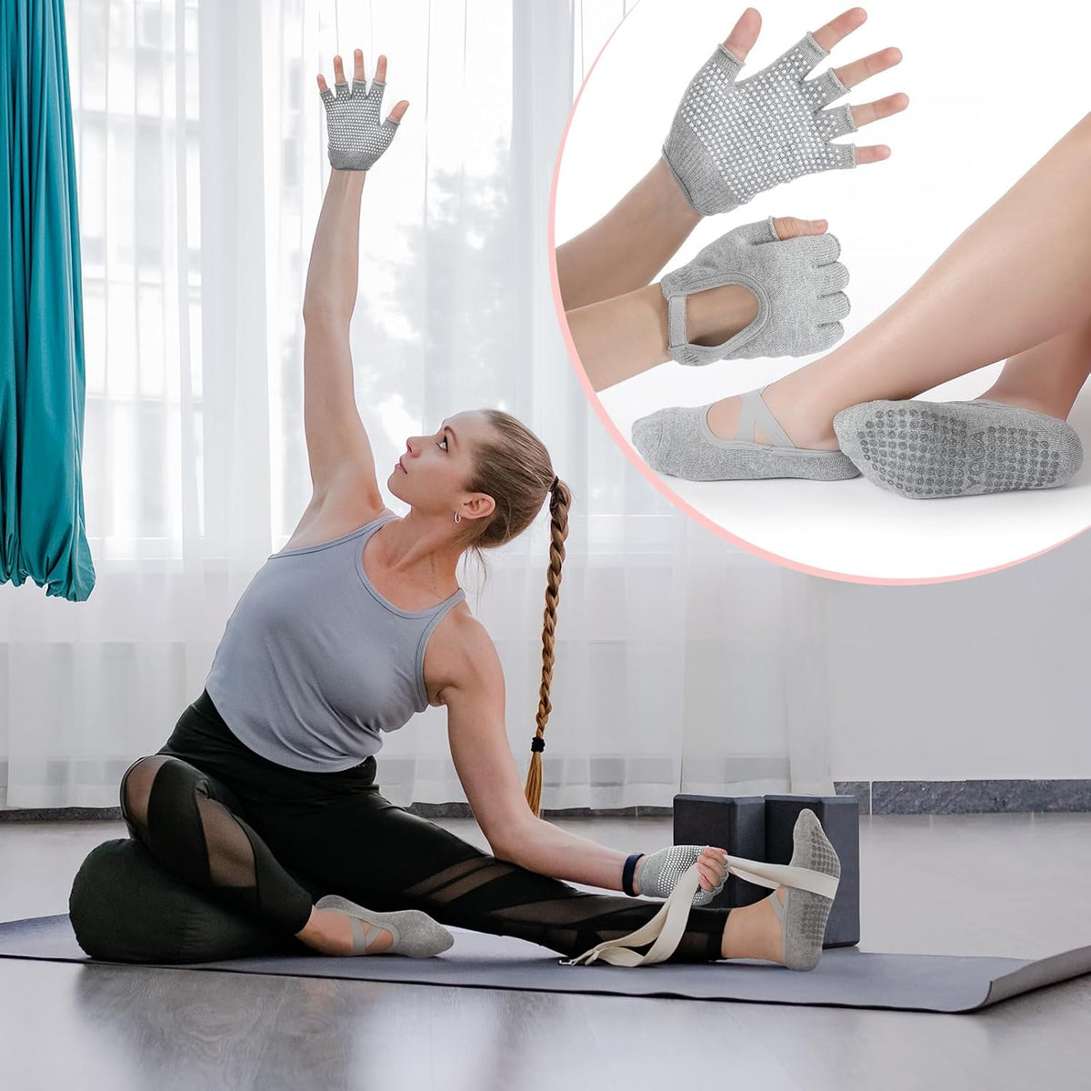 6 Pairs Non Slip Pilates Yoga Gloves Socks with Grip for Women