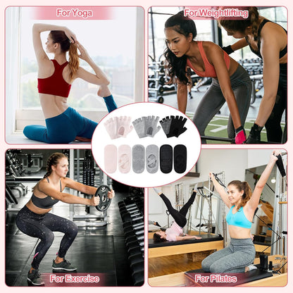 6 Pairs Non Slip Pilates Yoga Gloves Socks with Grip for Women