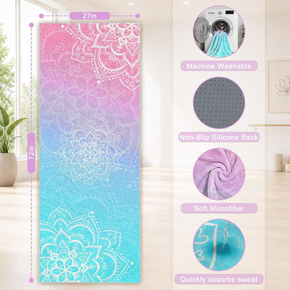 Yoga Towel,Absorbent Yoga Mat Towel for Hot Yoga Non Slip,Stylish Prints,Ideal for Workouts,Hot Yoga,Bikram,Pilates Equipment,72 x 27 in,Gradient Mandala - Colors A