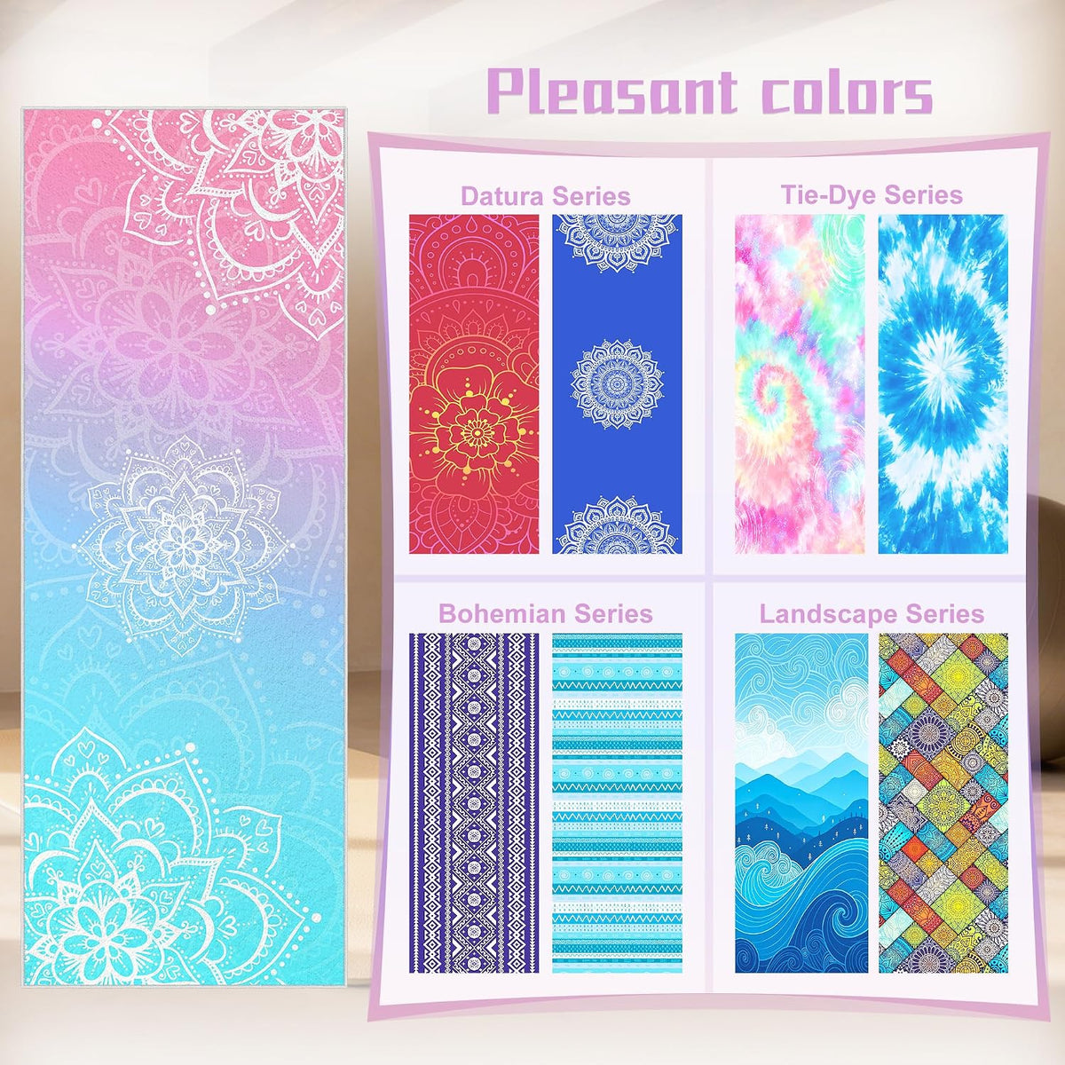 Yoga Towel,Absorbent Yoga Mat Towel for Hot Yoga Non Slip,Stylish Prints,Ideal for Workouts,Hot Yoga,Bikram,Pilates Equipment,72 x 27 in,Gradient Mandala - Colors A
