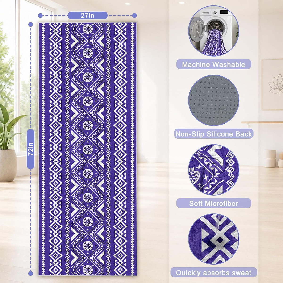 Yoga Towel,Absorbent Yoga Mat Towel for Hot Yoga Non Slip,Stylish Prints,Ideal for Workouts,Hot Yoga,Bikram,Pilates Equipment,72 x 27 in,Gradient Mandala - Colors A