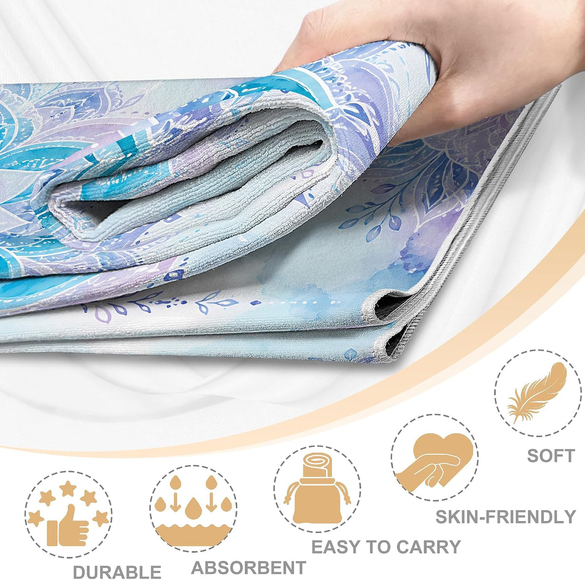 Yoga Towel,Absorbent Yoga Mat Towel for Hot Yoga Non Slip,Stylish Prints,Ideal for Workouts,Hot Yoga,Bikram,Pilates Equipment,72 x 27 in,Gradient Mandala - Colors A