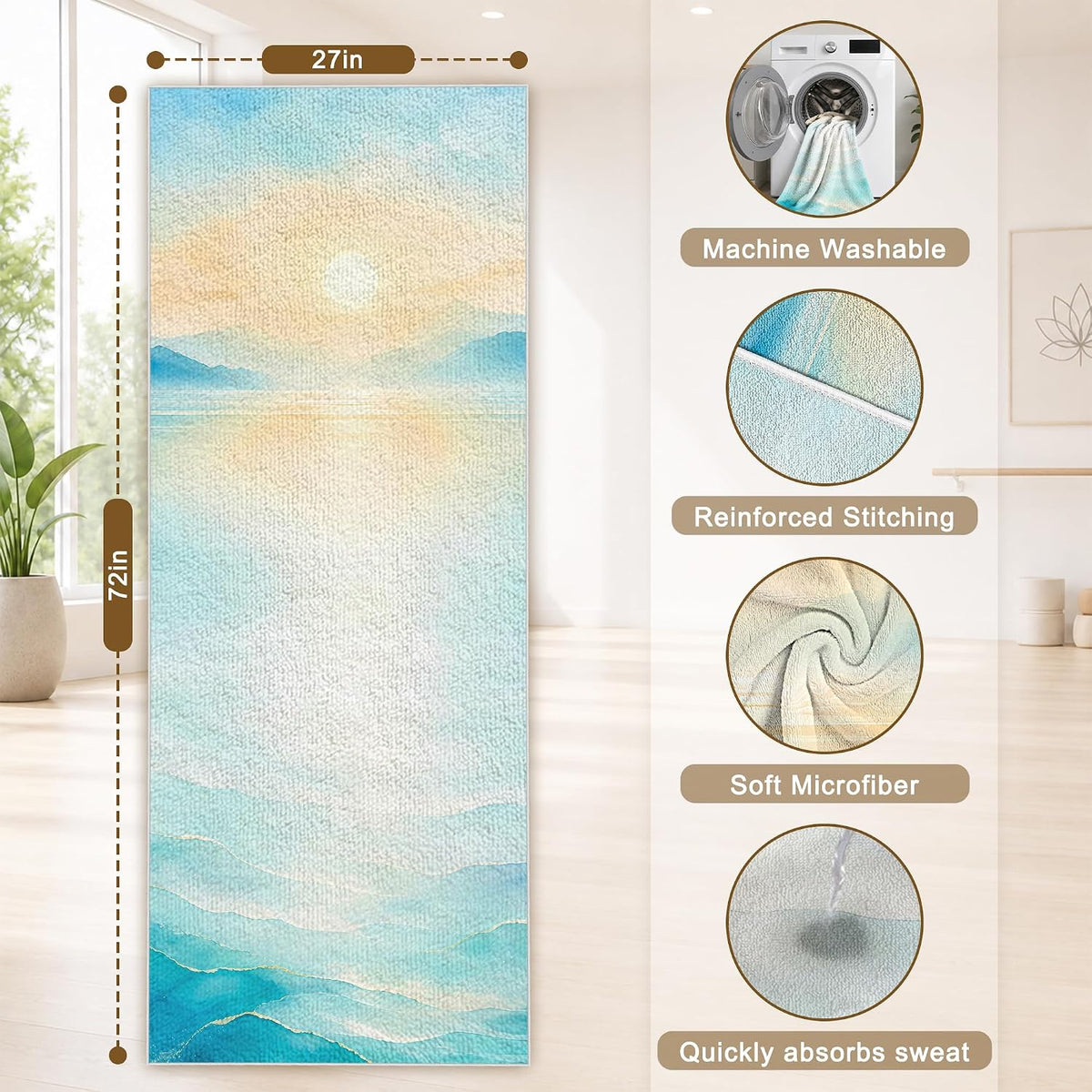 Yoga Towel,Absorbent Yoga Mat Towel for Hot Yoga Non Slip,Stylish Prints,Ideal for Workouts,Hot Yoga,Bikram,Pilates Equipment,72 x 27 in,Gradient Mandala - Colors A