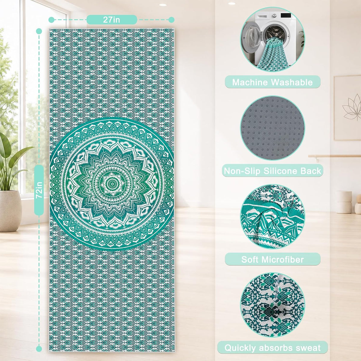 Yoga Towel,Absorbent Yoga Mat Towel for Hot Yoga Non Slip,Stylish Prints,Ideal for Workouts,Hot Yoga,Bikram,Pilates Equipment,72 x 27 in,Gradient Mandala - Colors A