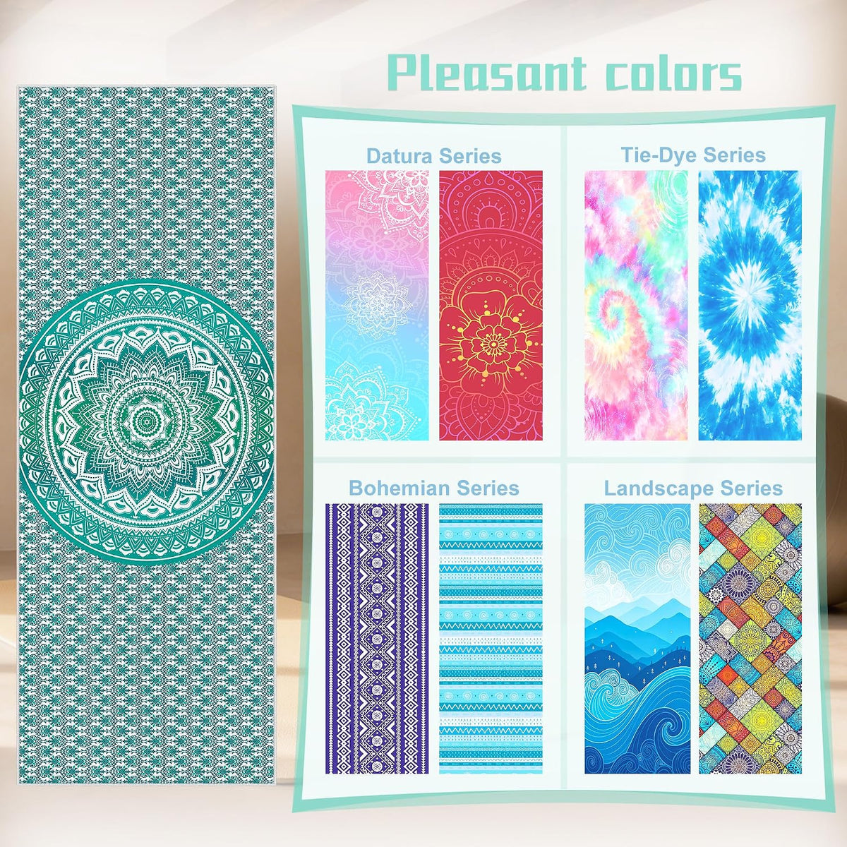 Yoga Towel,Absorbent Yoga Mat Towel for Hot Yoga Non Slip,Stylish Prints,Ideal for Workouts,Hot Yoga,Bikram,Pilates Equipment,72 x 27 in,Gradient Mandala - Colors A