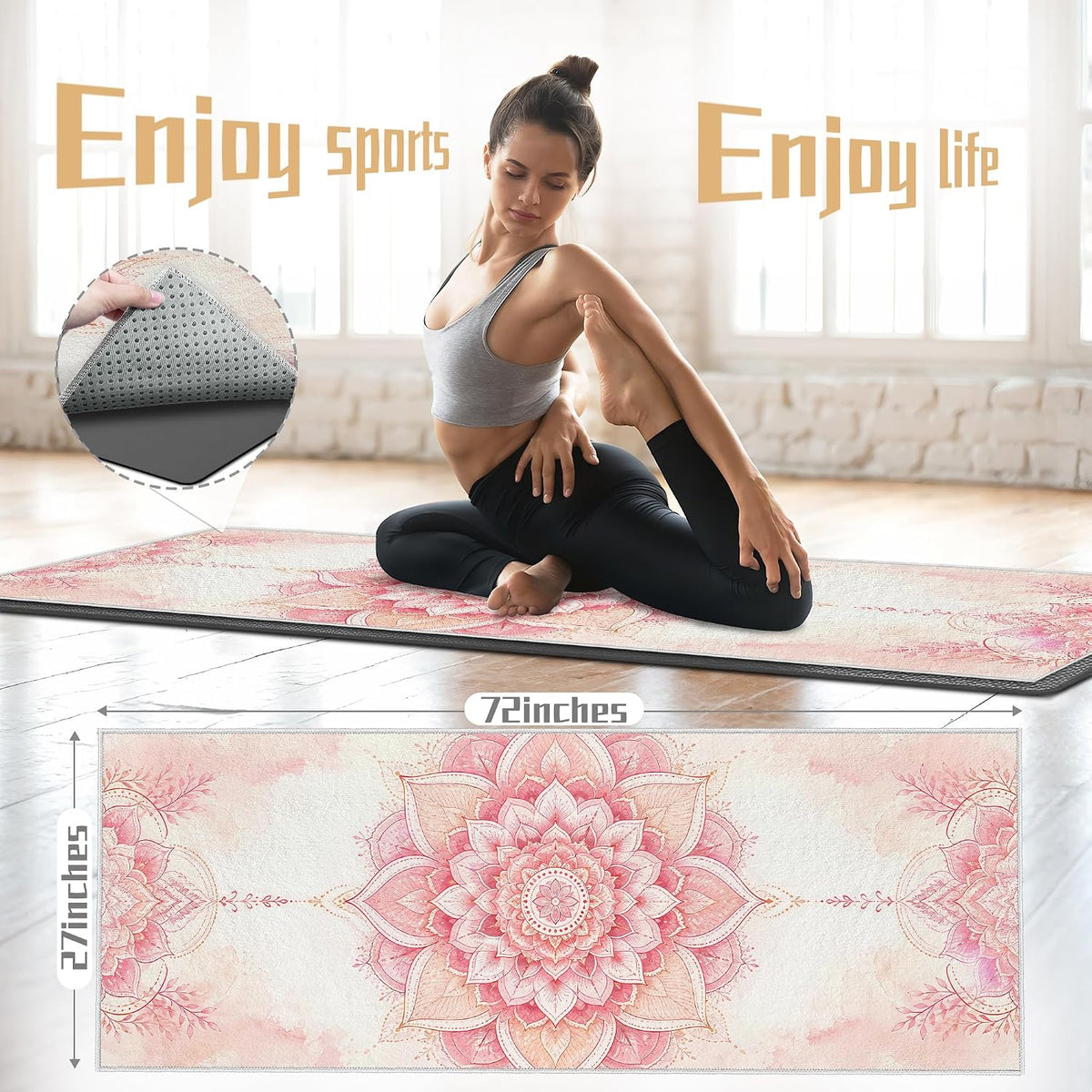 Yoga Towel,Absorbent Yoga Mat Towel for Hot Yoga Non Slip,Stylish Prints,Ideal for Workouts,Hot Yoga,Bikram,Pilates Equipment,72 x 27 in,Gradient Mandala - Colors A