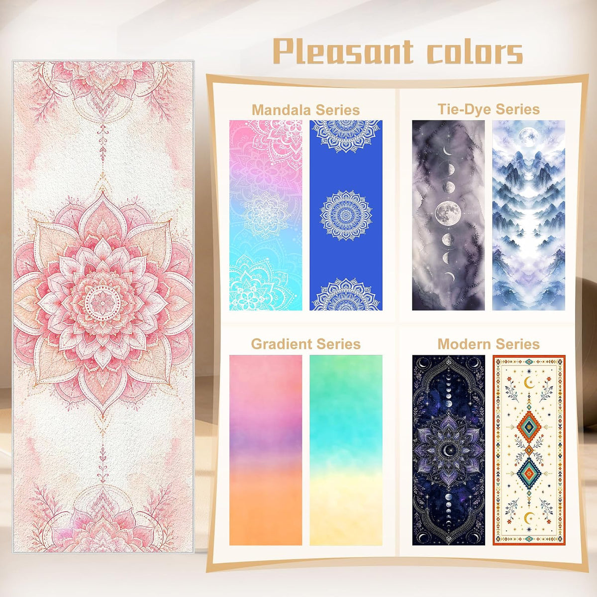 Yoga Towel,Absorbent Yoga Mat Towel for Hot Yoga Non Slip,Stylish Prints,Ideal for Workouts,Hot Yoga,Bikram,Pilates Equipment,72 x 27 in,Gradient Mandala - Colors A