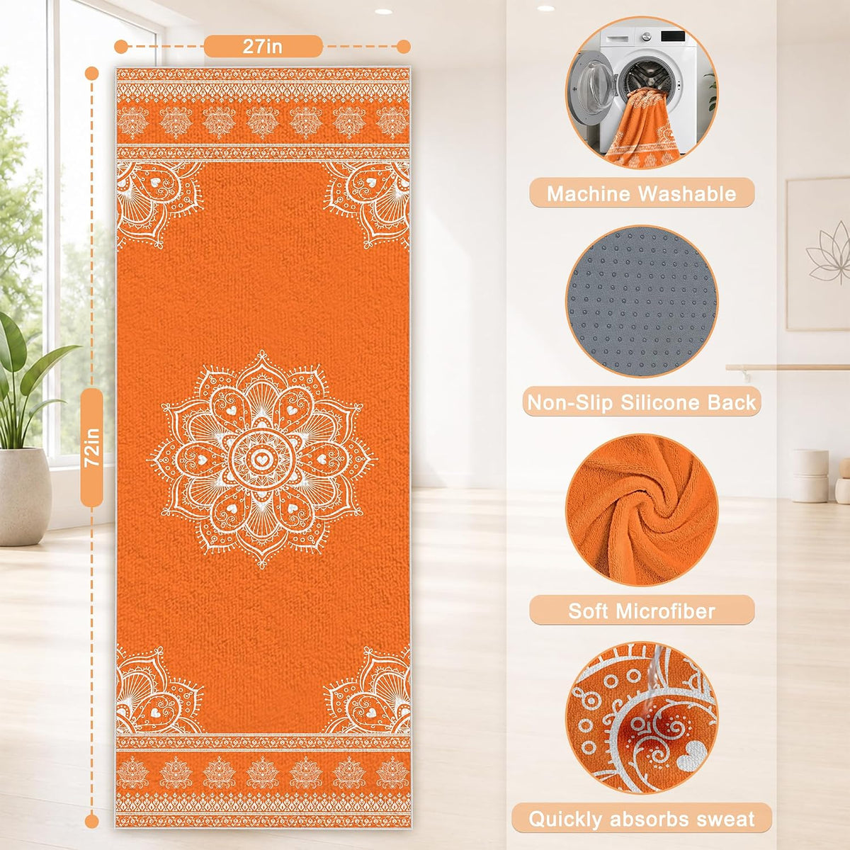 Yoga Towel,Absorbent Yoga Mat Towel for Hot Yoga Non Slip,Stylish Prints,Ideal for Workouts,Hot Yoga,Bikram,Pilates Equipment,72 x 27 in,Gradient Mandala - Colors A