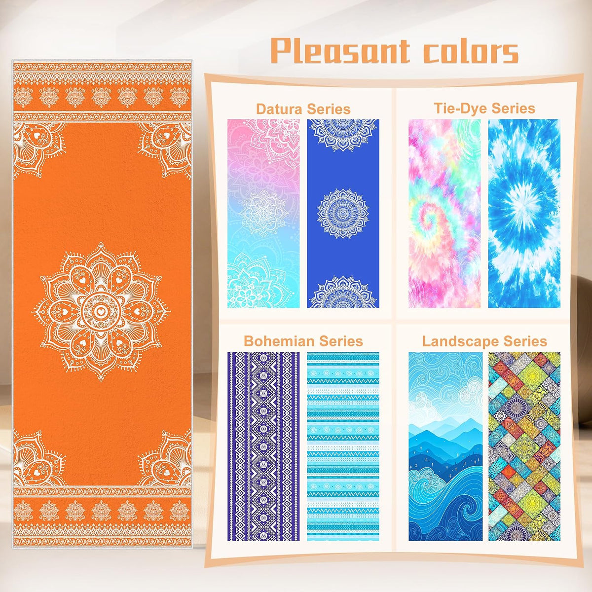 Yoga Towel,Absorbent Yoga Mat Towel for Hot Yoga Non Slip,Stylish Prints,Ideal for Workouts,Hot Yoga,Bikram,Pilates Equipment,72 x 27 in,Gradient Mandala - Colors A