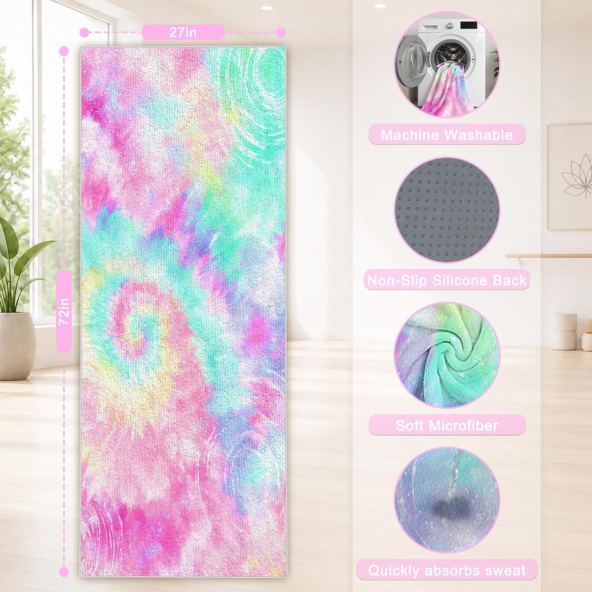 Yoga Towel,Absorbent Yoga Mat Towel for Hot Yoga Non Slip,Stylish Prints,Ideal for Workouts,Hot Yoga,Bikram,Pilates Equipment,72 x 27 in,Gradient Mandala - Colors A