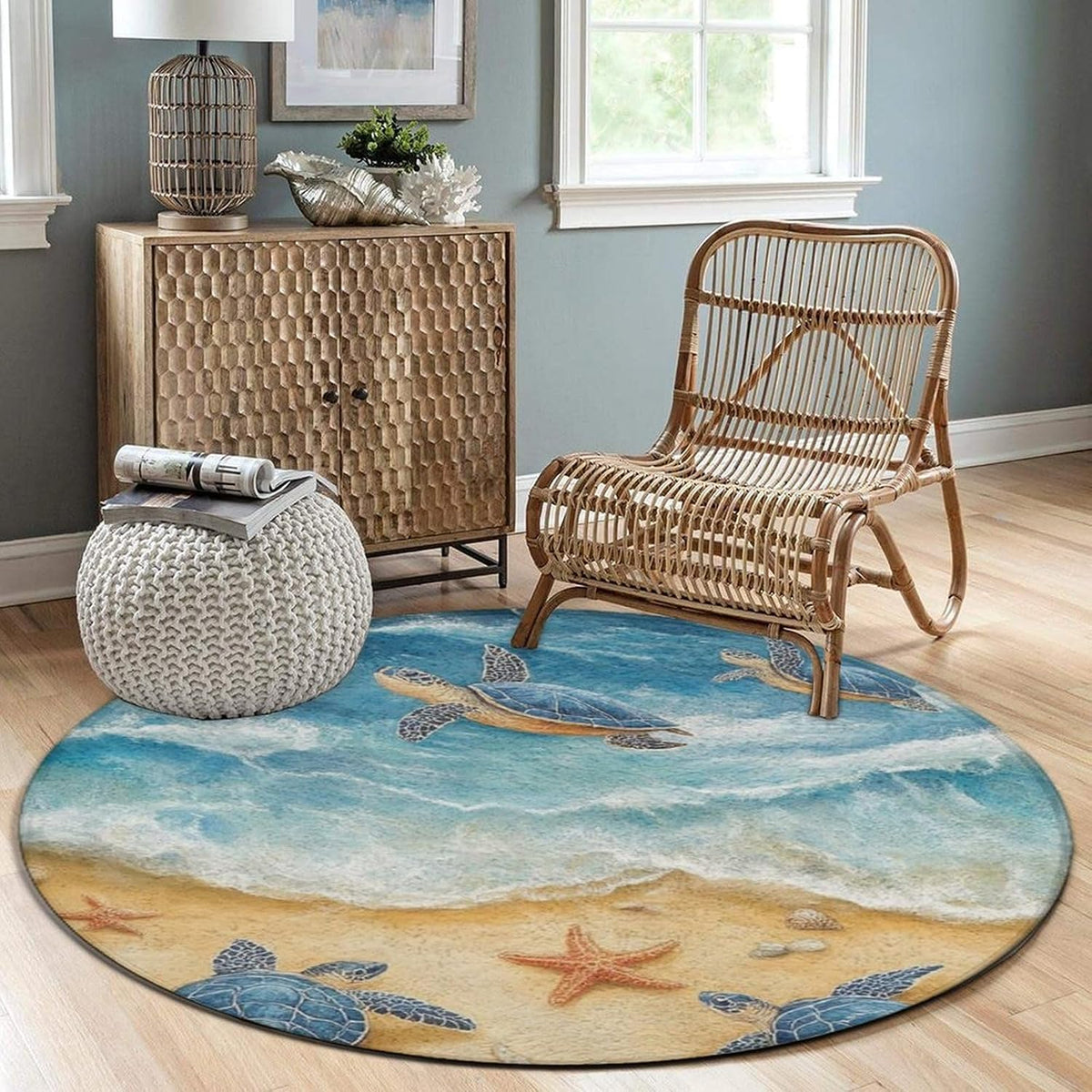 Room Sofa Yoga Soft Round Carpet, Home Decor Non Slip Kitchen Office Circle Rug, Machine Washable Modern Round Area Rug Beach Turtles, 60inch