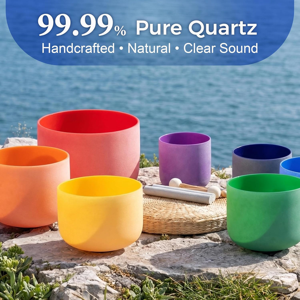432HZ Crystal Singing Bowl Set, 6''-12'', Set of 7, Colored