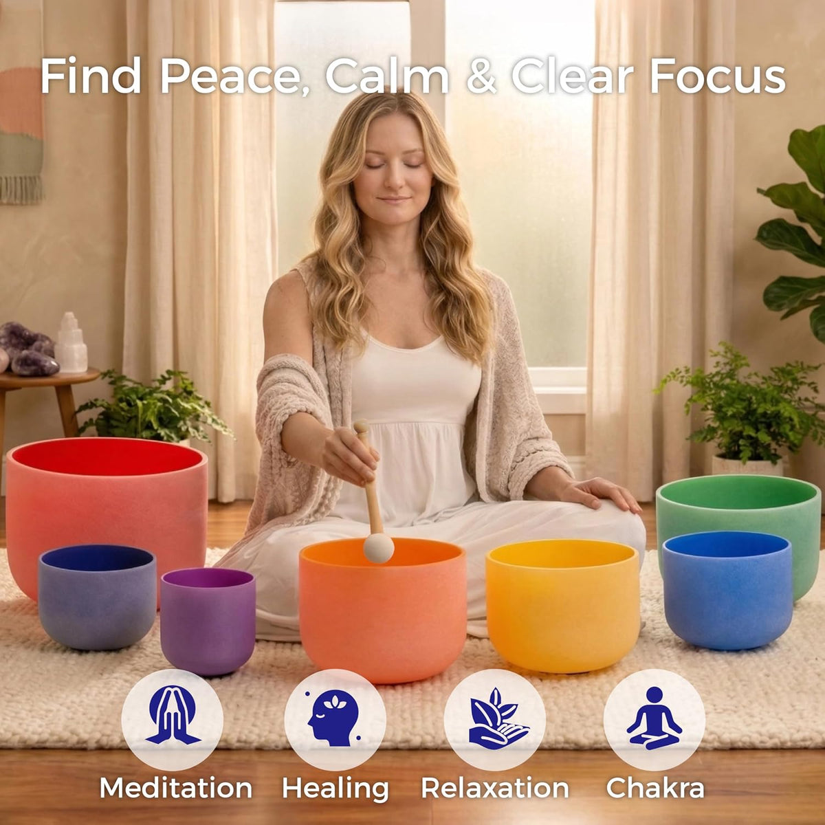 432HZ Crystal Singing Bowl Set, 6''-12'', Set of 7, Colored