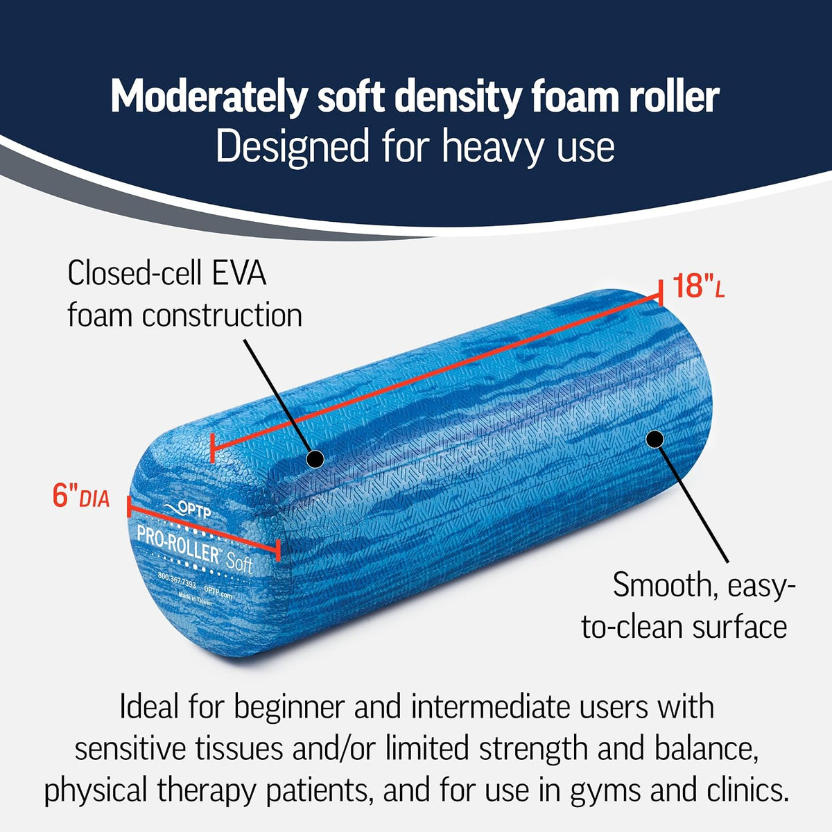 PRO-Roller Soft Density Foam Roller – Round, Short Blue, 18" x 6"