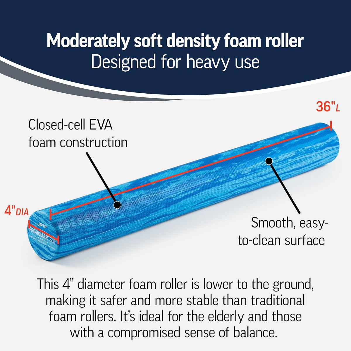 PRO-Roller Soft Density Foam Roller – Round, Short Blue, 18" x 6"