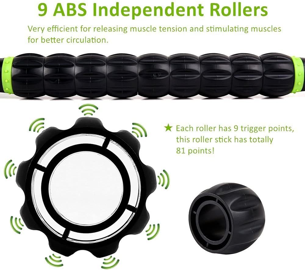 Muscle Roller Stick - Massage Stick for Athletes - Reducing Soreness and Muscle Strain, Soothing Legs Cramps - Physical Therapy & Body Recovery - Black Green