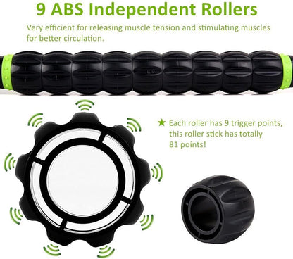 Muscle Roller Stick - Massage Stick for Athletes - Reducing Soreness and Muscle Strain, Soothing Legs Cramps - Physical Therapy & Body Recovery - Black Green