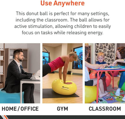 Donut Ball – Durable, Inflatable Exercise Ball for Balance & Stability Training, Yoga, & Pilates Workouts – Use in Home, Office, Gym, or Classroom