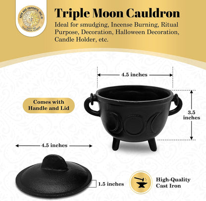 . Cast Iron Cauldron w/handle & lid, ideal for smudging, incense burning, ritual purpose, decoration, halloween decoration, candle holder, etc. (Pot Style 4" Dia (BR90))