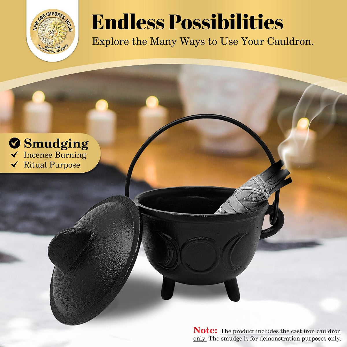 . Cast Iron Cauldron w/handle & lid, ideal for smudging, incense burning, ritual purpose, decoration, halloween decoration, candle holder, etc. (Pot Style 4" Dia (BR90))