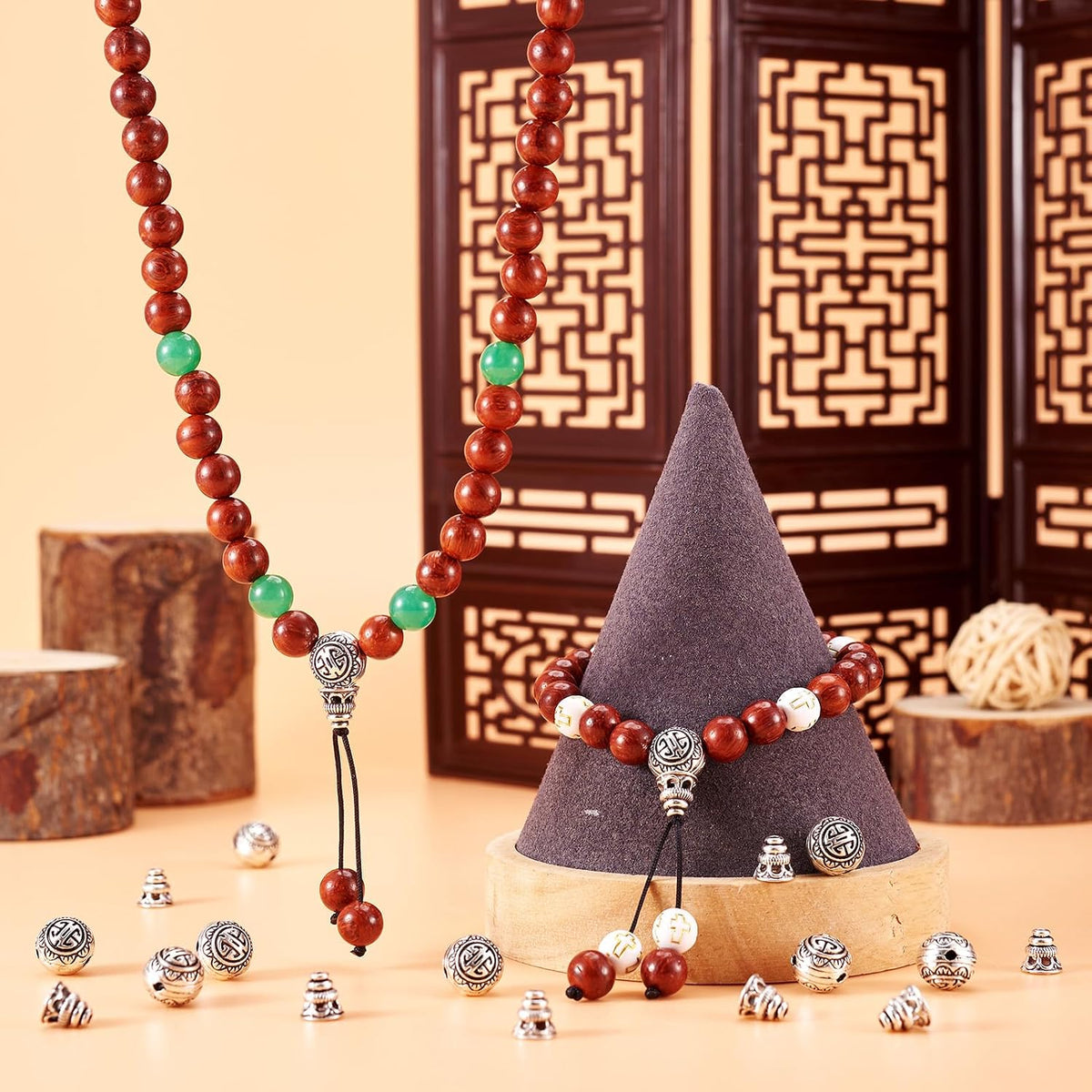 Pandahall 10Sets/20pcs Tibetan Silver Guru Bead Prayer Beads Charms Sets 3-Hole Round & Calabash Buddha Head Beads Cap Antique Silver Mala Jewelry Making