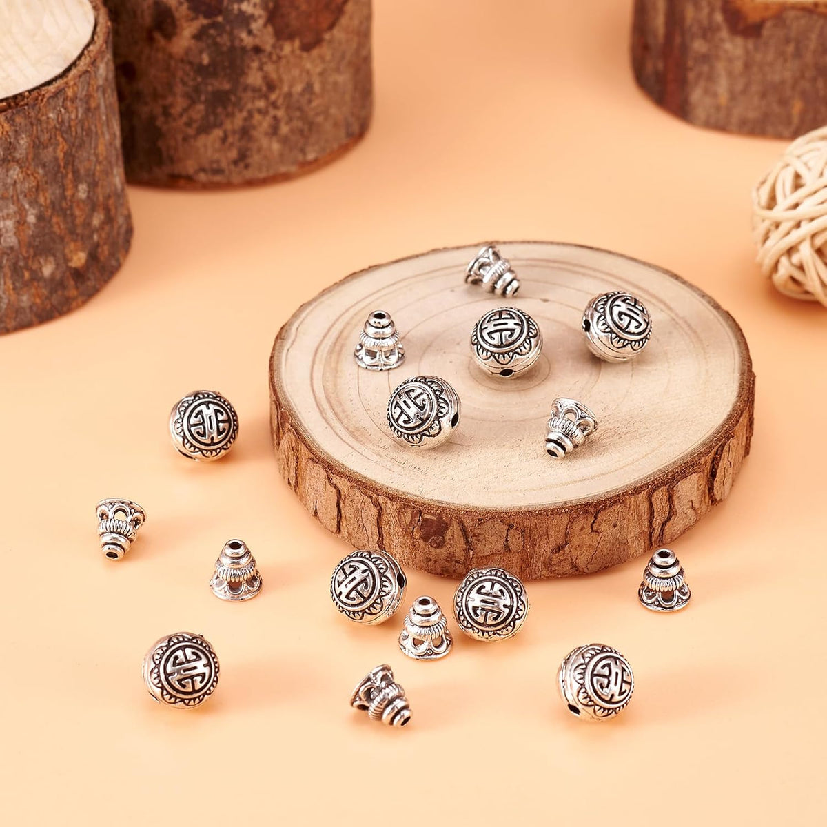 Pandahall 10Sets/20pcs Tibetan Silver Guru Bead Prayer Beads Charms Sets 3-Hole Round & Calabash Buddha Head Beads Cap Antique Silver Mala Jewelry Making