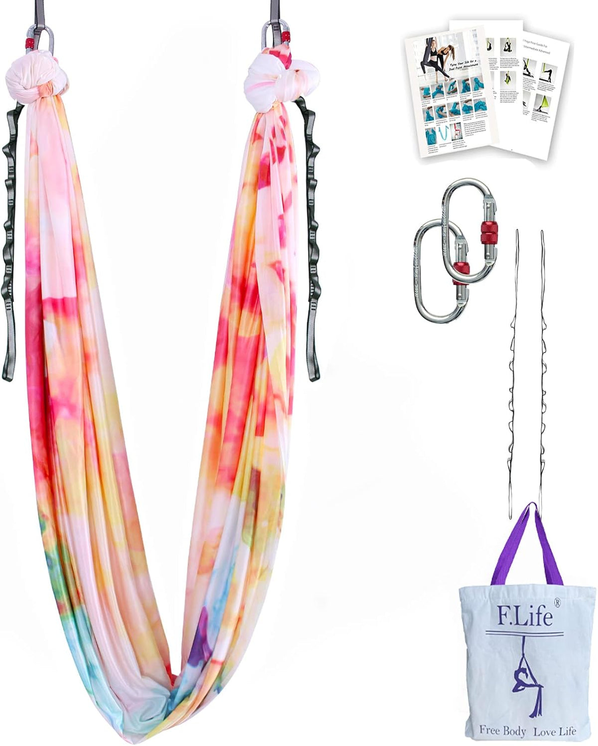 Aerial Yoga Hammock kit- Yoga Swing Multicolor 5 yards-Flying Yoga Include Daisy Chain,Carabiner and Pose Guide