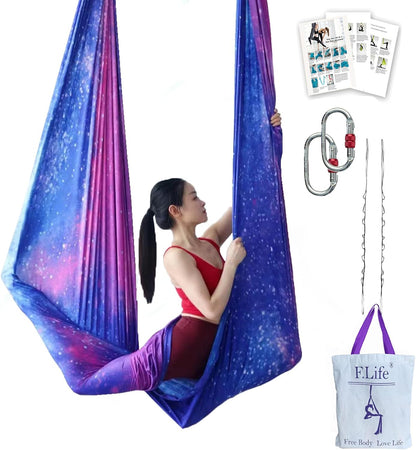 Aerial Yoga Hammock kit- Yoga Swing Multicolor 5 yards-Flying Yoga Include Daisy Chain,Carabiner and Pose Guide