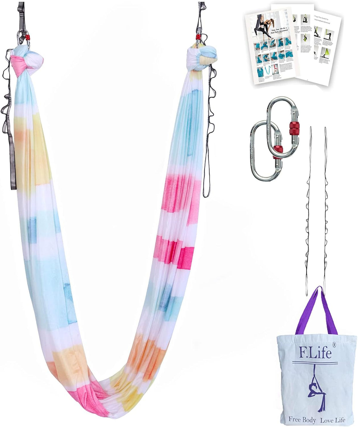 Aerial Yoga Hammock kit- Yoga Swing Multicolor 5 yards-Flying Yoga Include Daisy Chain,Carabiner and Pose Guide
