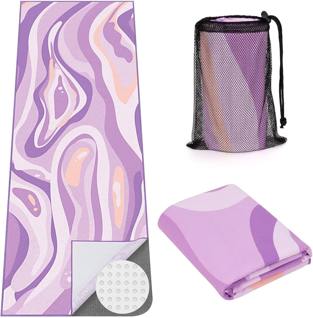 Yoga Mat Towel Cover with Large Corner Pockets, Non Slip Grip Microfiber Mat Cover Mat for Hot Yoga, Pilates and Gym Workout, 74" L x 26" W, Purple