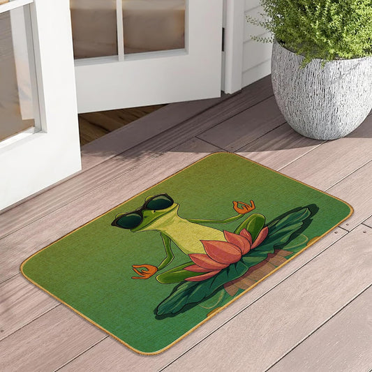 Doormat Yoga Frog Front Door Mat Indoor Outdoor Entrance,Pink Lotus Flower Door Mat Waterproof Low Profile All-Season,Easy Clean Patio Porch Entryway Floor Rug 17x29 Inch