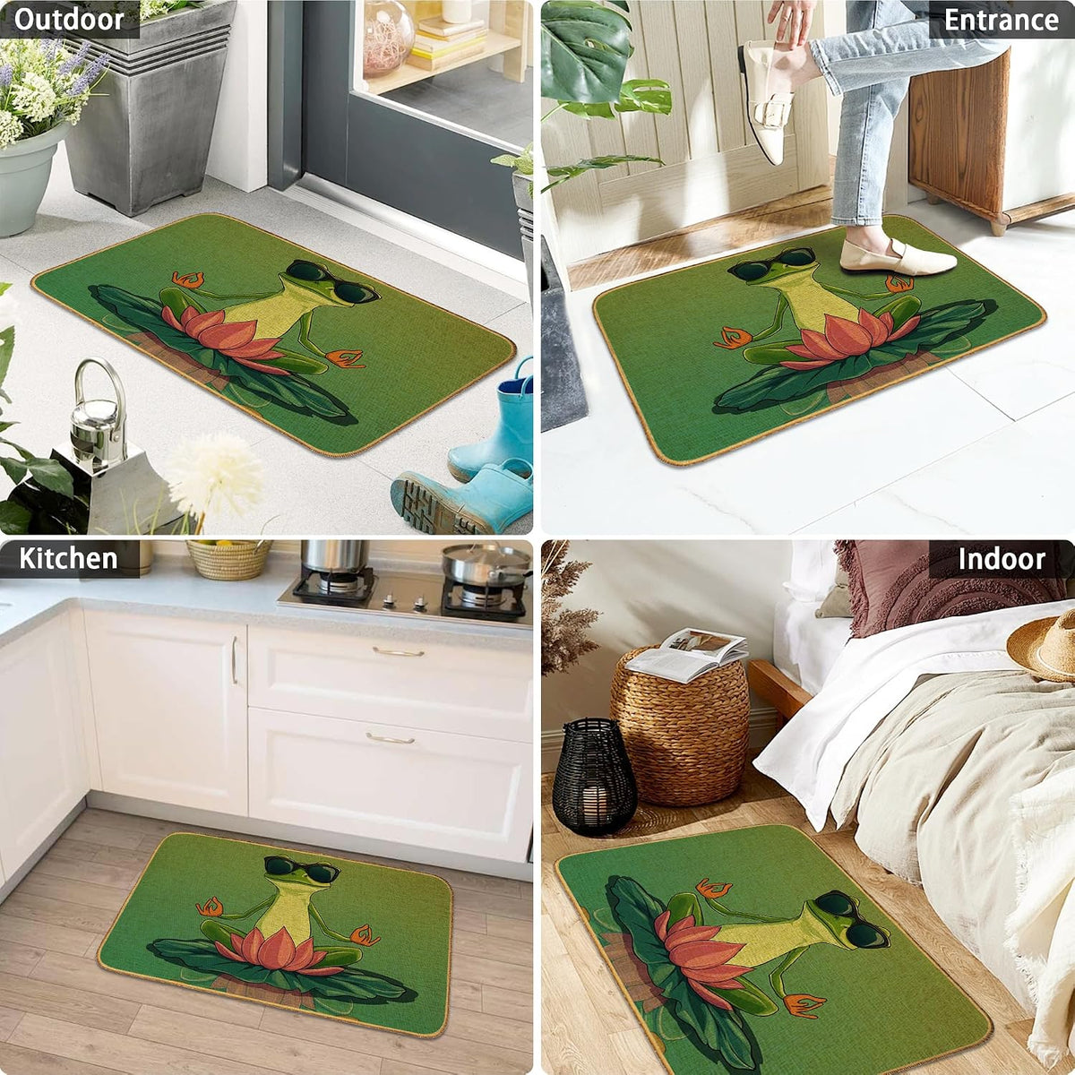 Doormat Yoga Frog Front Door Mat Indoor Outdoor Entrance,Pink Lotus Flower Door Mat Waterproof Low Profile All-Season,Easy Clean Patio Porch Entryway Floor Rug 17x29 Inch