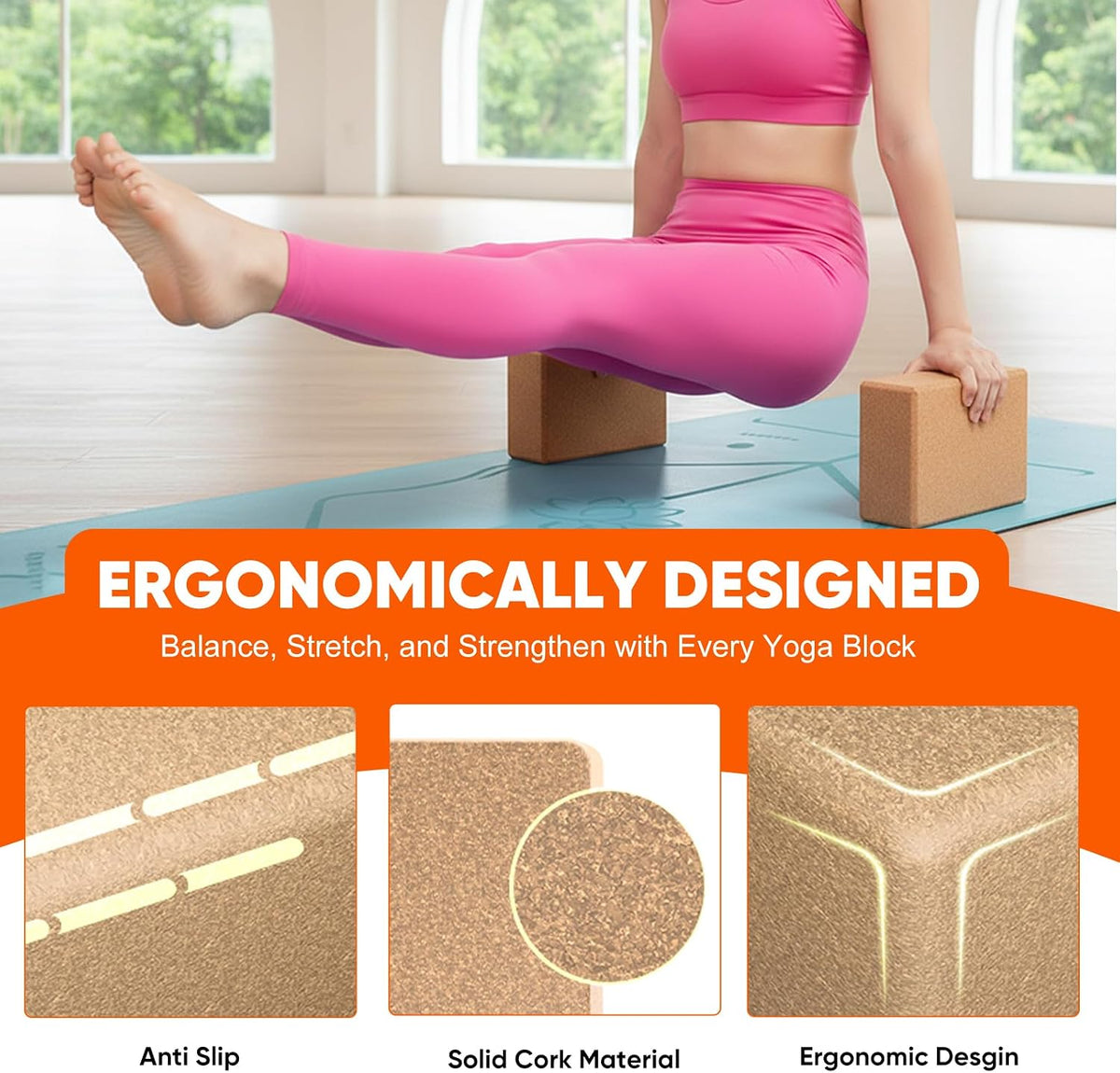 Cork Yoga Blocks for Pilates & Meditation, Non-Slip Moisture-Proof Lightweight Bricks, Supportive Eco-Friendly Equipment for Stretching & Pose Enhancement(1pack/2pack)
