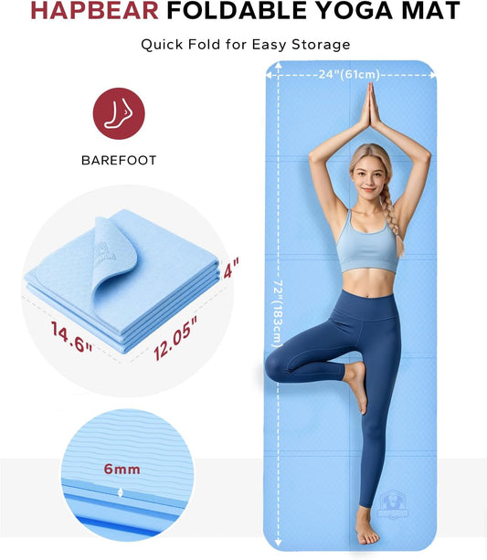 HAPBEAR Foldable Yoga Mat - 72"x24"x0.24" (6mm), Non-Slip TPE Exercise Mat for Home Workout, Yoga, Pilates,Stretching, & Travel, Durable & Eco-Friendly, Includes Carry Bag