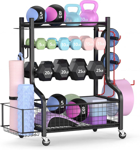 Dumbbell Rack, Weight Rack for Home Gym Storage with Wheels and Hooks