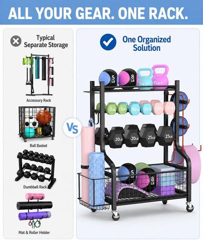 Dumbbell Rack, Weight Rack for Home Gym Storage with Wheels and Hooks