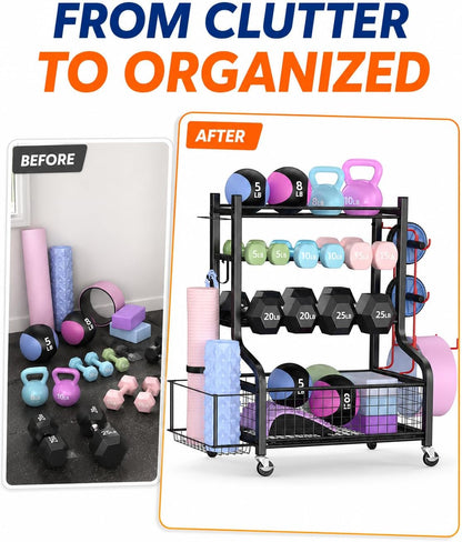 Dumbbell Rack, Weight Rack for Home Gym Storage with Wheels and Hooks