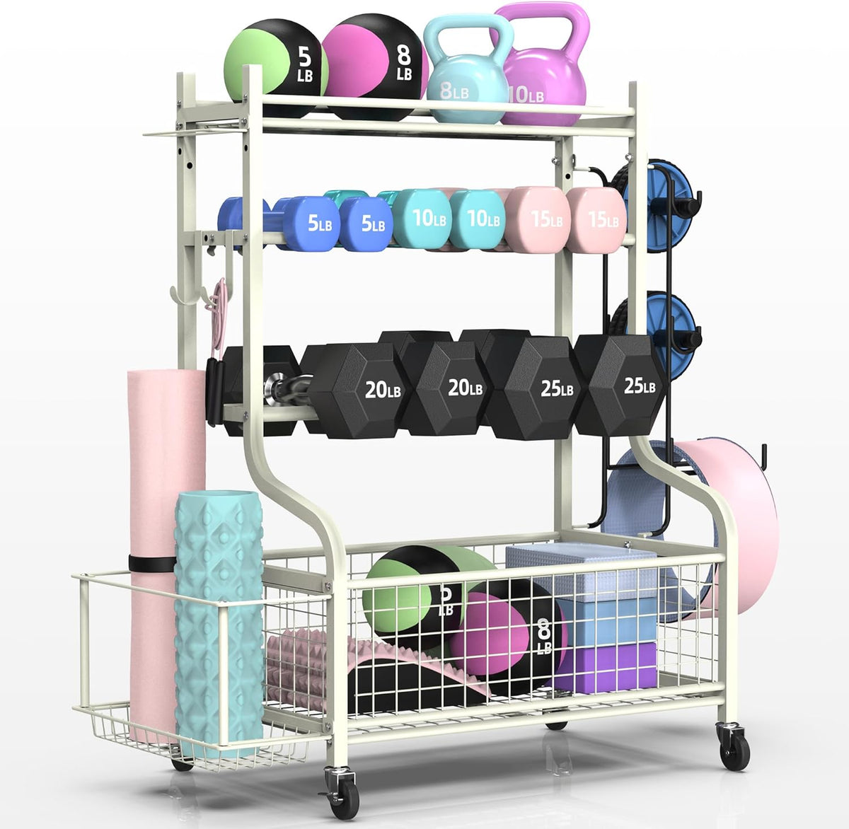 Dumbbell Rack, Weight Rack for Home Gym Storage with Wheels and Hooks