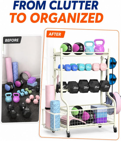 Dumbbell Rack, Weight Rack for Home Gym Storage with Wheels and Hooks